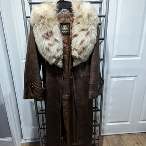 70's leather trenchcoat with fur collar